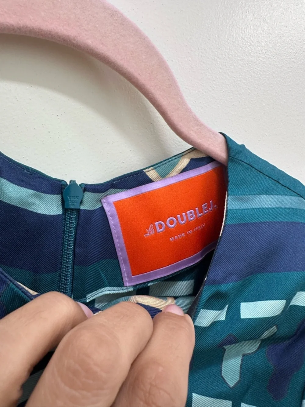 La DoubleJ Geometric Print Silk Swing Dress Small Green - Picture 5 of 11